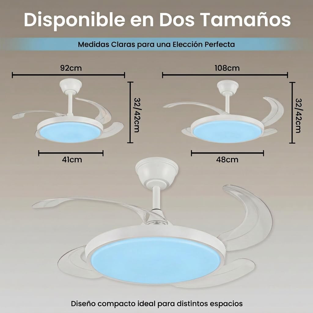 Ventilador de Techo con Luz RGB Retractil | Lampara LED con Aspas Transparantes | Motor DC Ultra Silencioso 30W, 6 Velocidades, Función Verano/Invierno, Temporizador | Para Salón y Dormitorio (92 CM)