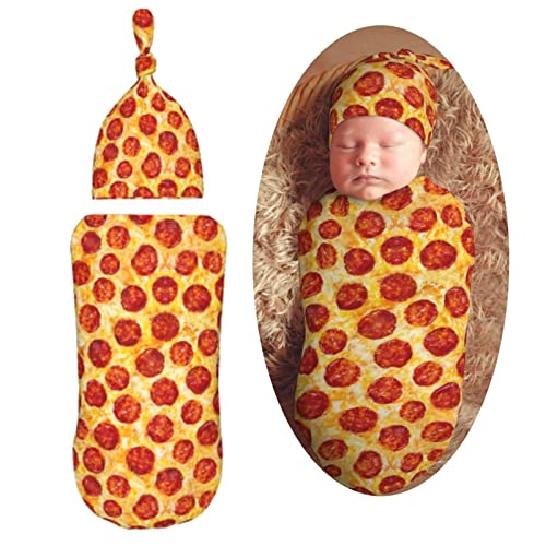 Image of Muishi Funny Pepperoni Pizza Food Texture Newborn Swaddle Blankets Hat Sets Soft Baby Receiving Blanket Swaddle Sack for Baby Shower Infant Boy Girl Gift