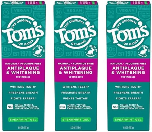 Tom's of Maine Antiplaque and Whitening Fluoride Free Natural Toothpaste Gel, Vegan, Spearmint, 4 Ounces (3 Pack)