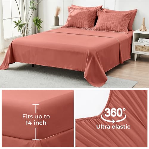 Image of HYMOKEGE Coral Oversized Queen Comforter Set Seersucker 7 Pieces, All Season Luxury Bed in a Bag for Bedroom, Bedding Set with Comforter, Sheets, Pillowcases & Shams