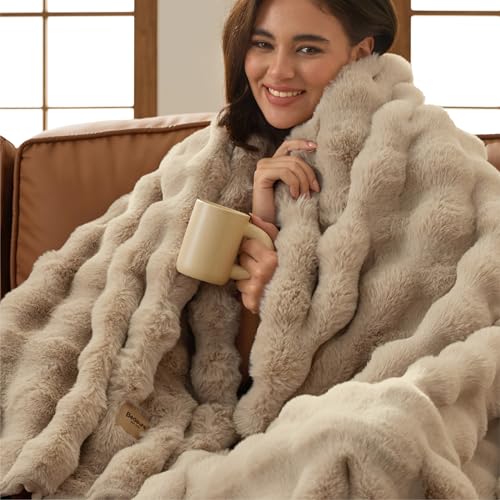 Image of Bedsure GentleSoft Fluffy Fuzzy Beige Throw Blanket for Bed, Soft Cozy Fleece Faux Fur Blanket for Couch, Beige Room Decor Coloring Bedding Sofa Cover, Thick Warm Plush Women Girls Birthday Gifts
