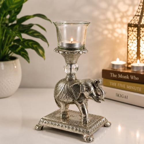 Image of eCraftIndia Antique Silver Finish Elephant Tealight Candle Holder Showpiece for Home Decor | Decorative Metal Elephant Candle Stand with Glass Votive Holder | Living Room & Festive Decoration
