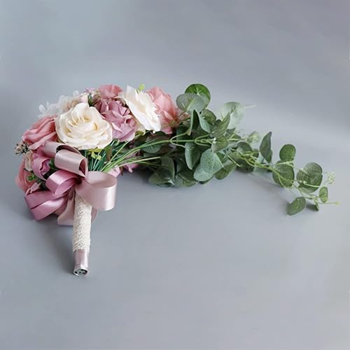 Miniatura 6 de Ramos de boda para novia, raíz de loto de 8.7 pulgadas, flores de rosas rosas, gotas de agua, ramo de lanzamiento artificial, para boda, al aire