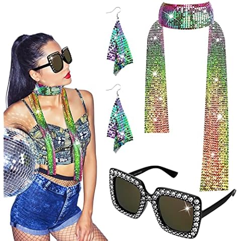 1970s Disco Accessories Disco Jewellery Set Cool Disco Earrings Metal Scarf Sunglasses for Women Disco Party Carnival Supplies Cover