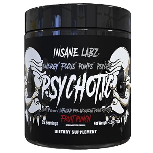 Image of Insane Labz Psychotic Black Edition Mid Stimulant Pre Workout Powder, Energy Focus Pumps, Loaded with Creatine Beta Alanine Taurine Fueled by AMPiberry, 35 Servings (Fruit Punch)