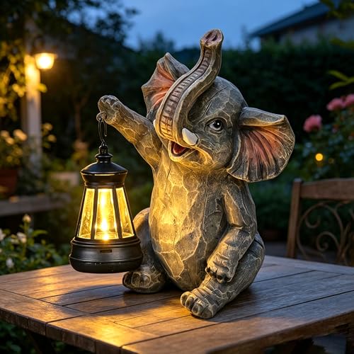 Solar Garden Statue Outdoor Elephant Decor Lights Figurine with Solar Lantern Yard Decorations for Patio Porch Home Christmas Elephant Gifts for Women - Unique Housewarming Gifts