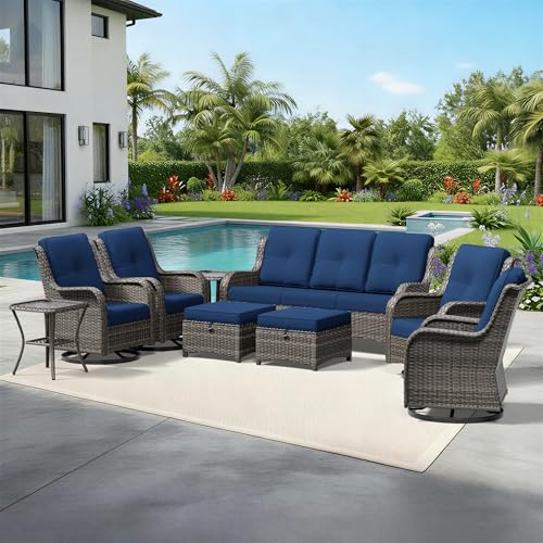 Image of Joyside 9 Piece Wicker Patio Furniture Set, Outdoor Swivel Rocker Patio Chairs with High Back, Deep Seating, Wide Armrest, Thickened Cushions, Outdoor Furniture for Deck, Porch Use