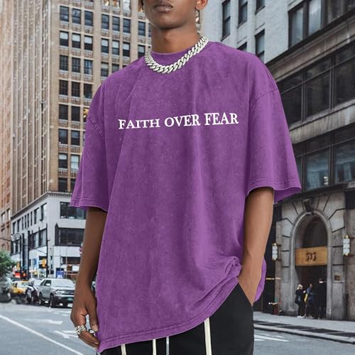 Image of Christian Faith Over Fear Shirt for Men Jesus Religious Shirts Oversized Graphic Tees Acid Wash God T-Shirt