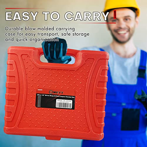 Wett 9Pcs 1/2" Drive Deep 6-Point Impact Socket Set/Spindle Axle Nut Impact Socket Set, Metric, Cr-Mo,29Mm-38Mm #TOP6