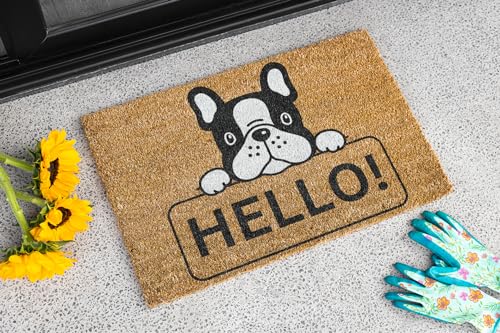 KOKO DOORMATS Kokos Fußmatte außen mit Anti-Rutsch PVC | Lustige Türmatte Hello - Bulldog | Umweltfreundlich, Robust & Pflegeleicht | 60x40 cm für Außenbereich & Haustür