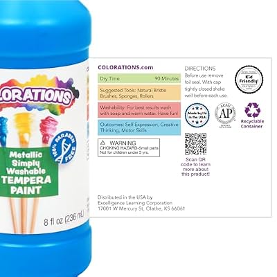 Colorations Paraben-Free Metallic Simply Washable Tempera Paint- Set of 6, 8 oz. Each Bottle, Non-Toxic, Classroom Essentials, Arts and Crafts Supplies for Kids and Adults