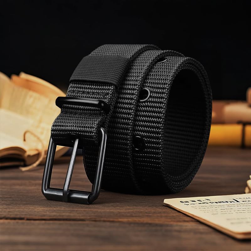 Porous Canvas Belt, Men's Pin Buckle Belt, Adjustable Buckle Nylon Waist Belt Cloth, Outdoor Sports Belt for Men Women-Black