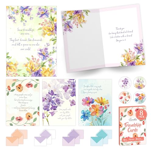 Decorably 8 Pack 5x7in Glittery Assorted Friendship Cards for Women with Envelopes & Stickers - 4 Cute Folded Life is Better with a Friend Designs, with Printed Message Inside - Thank You, Birthday