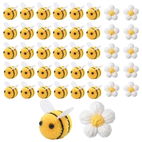 Bienen Deko 42 Teile Bienen und Blumen Set Biene Deko für Tisch und Raum 30 Bienen und 12 Häkelblumen in Gelb Bienen Deko Set für Heim und Garten