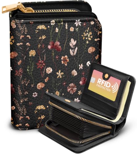 Image of Bistup Luxury Credit Card Holder for Women, Leather Card Organizer, Black Vintage Floral