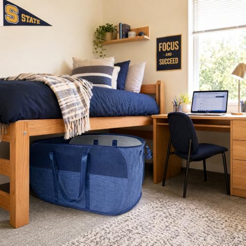 Image of Extra Large Mesh Pop Up Laundry Hamper, 100L Collapsible Laundry Basket, Dirty Clothes Hamper with Reinforced Handles, Storage Bins for Shelves, Dorm or Home Portable Stair Laundry Basket. Blue