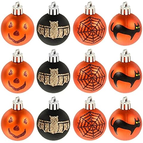 Mr Crimbo Cackle & Co 12 Pack Mini Halloween Tree Baubles Glittery Party Decoration 4cm Orange Black Cover