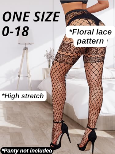 Image of ChiaoLezhee Sexy Wide Fishnet Tights, Floral Lace Garter Stockings For Women, Fishnets Fish Net Fits 0-18