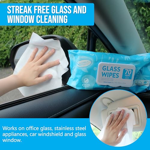 Image of Air Jungles Glass & Window Cleaner Wipes 70 Count (Pack of 2), XL 8x10 Inch | Ammonia-Free, Streak-Free, Safe For Car Windshield, Headlight, Mirror, Tile & Home Glass, Removes Fingerprints, Dust, Dirt