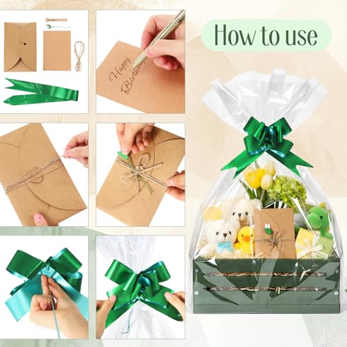 Image of Wonderjune Wooden Baskets for Back to School Gifts Empty Wood Basket with Cellophane Bag Ribbon Greeting Card for Birthday Baby Shower Wedding Housewarming Gifts Packaging(Green,Small)