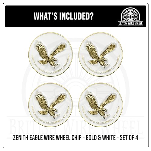 Image of Zenith Eagle Gold & White Metal Wheel Chip Emblems (Set of 4) | 24K Triple Gold Plated Solid Metal Wheel Chip Emblems, 2.25 inch | for Lowriders with Recessed Knock Off Spinner Caps
