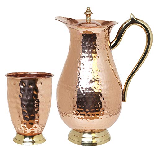 D&D Craft Pure Copper Jug Lacquered Coated, Hammered, Joint Free and Leak Proof with 1000 ml Capacity Have Lots of Ayurvedic Health Benefits.