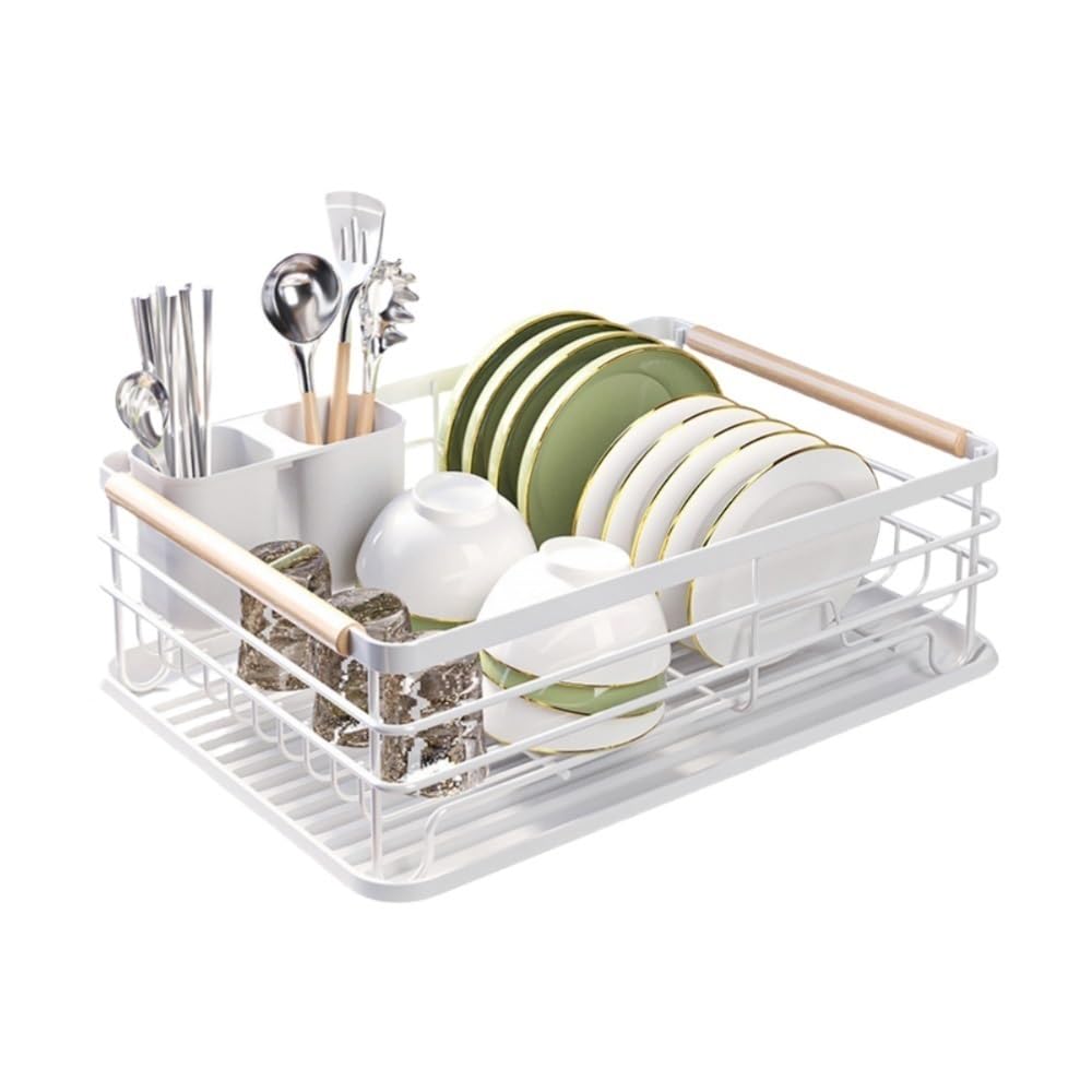 Goxyffmnv Dish Rack, Kitchen Storage Rack, Dish Drain Rack, Cutlery Organizer with Handles, Storage Stand with Removable Drain Tray for Kitchen Countertop, Sink Side(White)