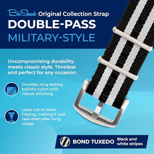 Image of BluShark - Original Collection Military-Style Waterproof Watch Strap, Fits All Timepiece Brands, Durable Nylon Wristwatch Accessories with Stainless Steel Buckle - 18mm, 20mm, 22mm & 24mm Watch Bands