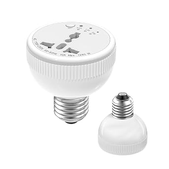 E26/E27 Socket to Outlet Adapter with Timer & Night Light, 1250W Universal Electrical Outlet Converter, Supports US/EU/UK/in Plugs Type A/B/C/D, 110-250V, 3 Auto-Off Timer Settings
