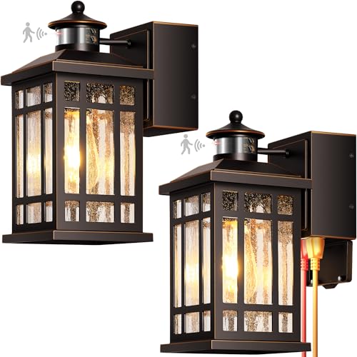 Image of Oil-Rubbed Bronze Outdoor Motion Sensor Light with GFCI Outlet, 2-Pack Porch Lights Outdoor with Gold Trim, Dusk to Dawn lighting Wall Mount with Bubble Glass, Outside Sconces for Garage, Patio