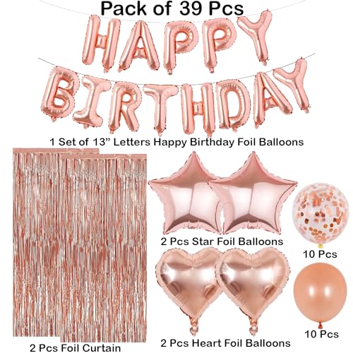 Image of Rozi Decoration Happy Birthday Decoration Items with Rose Gold Foil Curtain Backdrop | Birthday Decoration Items for Husband | Happy Birthday Decoration Items for Wife Pack of 39 Pcs
