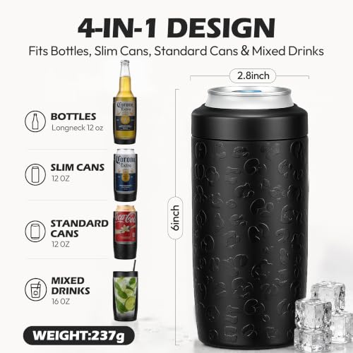 Image of Itslife 4-in-1 Slim Can Cooler Easy to Hold Insulated Beer Can Holder Double-walled Stainless Steel for All 12 Oz Cans Gift Fathers Day Gifts for Dad (Black Leopard)