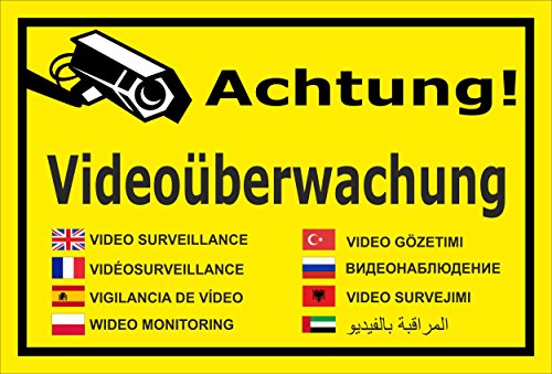 Melis-Folienwerkstatt Schild Videoüberwachung 9-sprachig mehrsprachig – 30x20 cm – 3mm Aluverbund – Bohrlöcher – mehrere Größen/Materialien