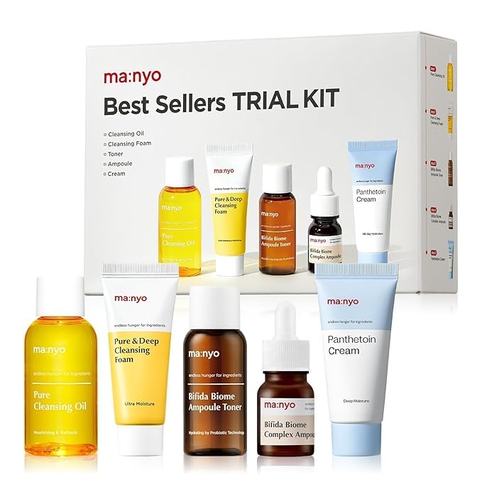 MA:NYO Best Sellers Kit | Travel size Trial & Gift Set | Pure Cleansing Oil, Pure Cleansing Foam, Bifida Biome Ampoule, Bifida Biome Toner, Panthetoin Cream | Korean Skin Care, Skin Repair Solution
