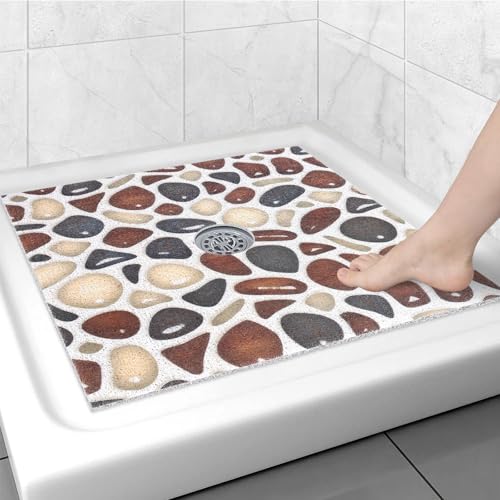 Image of Square Shower Mat Non Slip: 24x24 Inch Shower mats for Inside Shower with Drain Hole in Middle, Super Soft PVC Loofah Massage Shower Floor Mat, Anti Slip Shower Stall Mat, Quick Drying