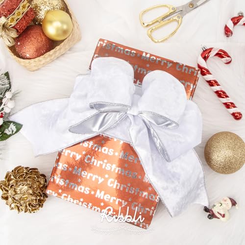 Image of Ribbli White Velvet Wired Ribbon 4 Inch Metallic White Silver Crushed Velvet Christmas Ribbon for Gift Wrapping Christmas Tree Decoration Crafts Wreaths Supplies-Continuous 10 Yards