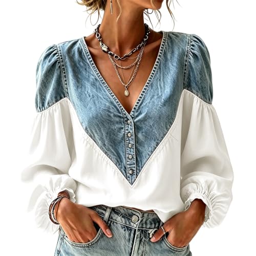 Floral Blouses for Women Button Denim Patchwork Puff Long Sleeve V Neck Top - image 1