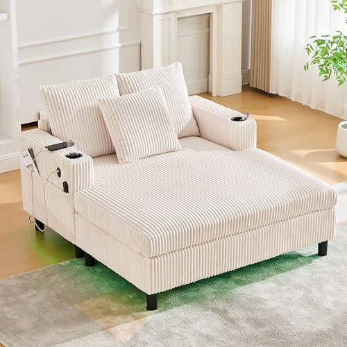 Soweiz Sofa, weicher Chaiselongue-Liegesessel mit seitlichen Getränkehaltern, USB-Anschlüssen, integrierter LED-Ambiente-Beleuchtung – für Wohnzimmer, Schlafzimmer, 142x128x85cm (Beige)