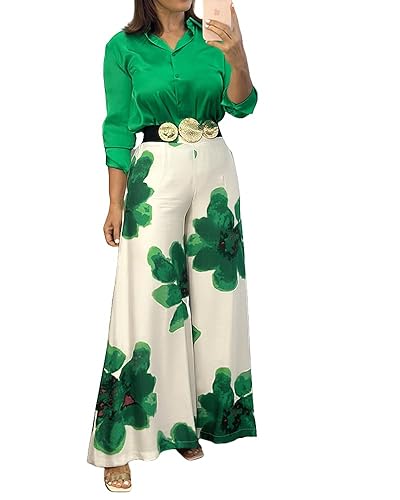 Ninimour Women's 2 Pieces Outfit Long Sleeve Satin Blouse and