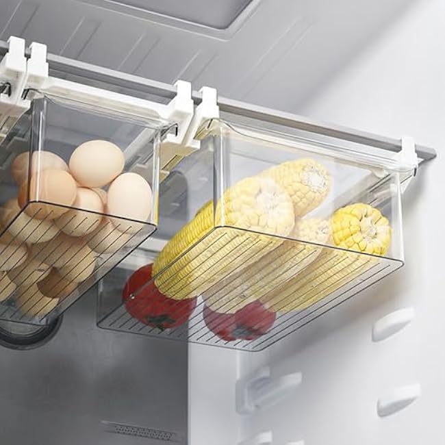 Refrigerator Drawer Organizer | Clear PET Fridge Bin for Eggs/Fruits/Vegetables | Pull Out Shelf Holder with Hanging Design | 33.5x23x13.5cm Storage Box
