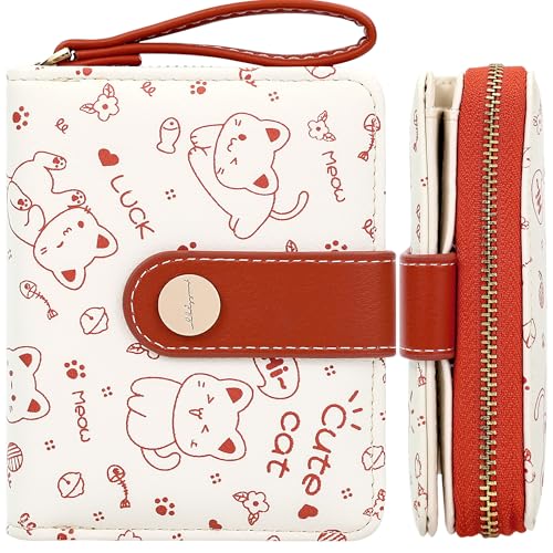 Image of Farcauo Cat Pattern Wallet for Women and Ladies Small Cute Kawaii Red Coin Purse with ID Window and Credit Card Holder Compact Wallet for Women and Ladies