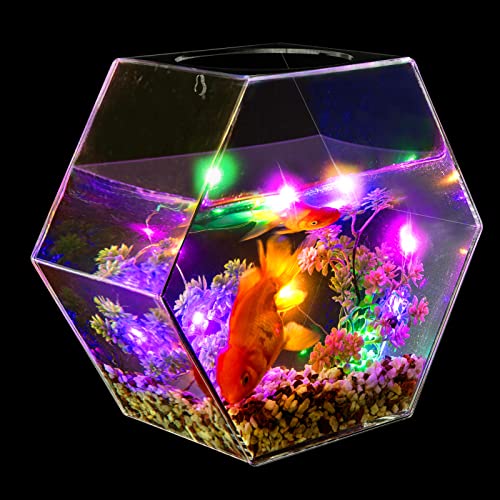 1 Gallon Wall-Hanging Fish Bowl- Hexagon Hanging Wall Mounted Fish Tank Bowl with Waterproof Light String- Clear Acrylic Wall-Mounted Betta Fish Tank for Plant Fish Aquarium Wall Decor