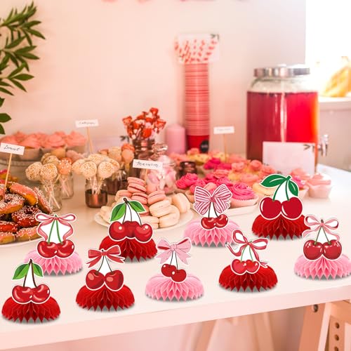 Image of Cherries Birthday Party Decorations - 9 Pcs Pink Bow Honeycomb Centerpieces for Girls Women Sweet Cherries Table Ornaments Sets Happy Paper Fruit Theme Supplies Red Coquette Display Decors