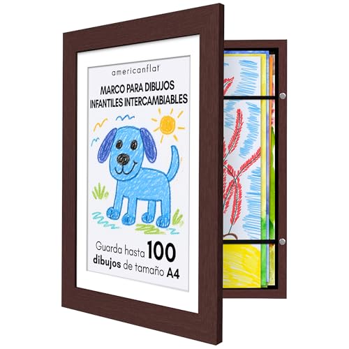 Americanflat Caoba Marco Dibujos Infantiles A4 - Cuadro de Almacenamiento para Niños para 100 Unidades, Proyectos de Arte, Puzzles, Fotos y Decoración - Madera Compuesta con Vidrio Resistente