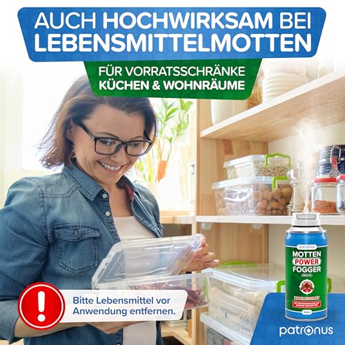 Patronus Motten Power Fogger - 150ml - effektiver Vernebler mit maximalem Sofortschutz gegen Motten, Kleidermotten, Lebensmittelmotten, für schwierig erreichbare Motten-Verstecke, deutsche Produktion
