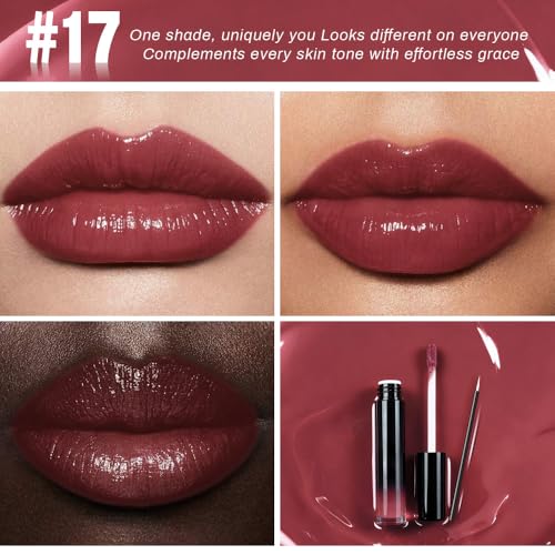 Image of evpct Mauve Red Shiny Longwear No-Budge Liquid Lip Color Lipstick Makeup, Highly Pigmented Color Instant Shine, Waterproof Long Lasting Lipstick for Women, Lip Stain Gloss with Lip Liner Brush, 17#