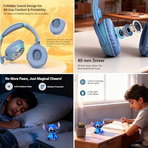 Image of Disney Stitch Bluetooth Headphones with Mood Light Gift Set for Kids | Soft Padded Foldable Swivel Cups | Safe 85dB Vol Limit | | Aux Input | 22H Playtime | Perfect for Boys & Girls, Ages 5-16