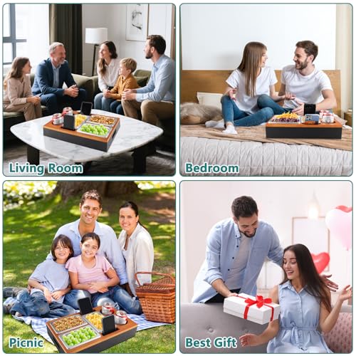 Foydream Couchbar Snackbox, Sofa Tablett Holz mit 3 Snackschalen, 2 Getränkehalter and Handyhalterung, Couch Bar Snackbar für Wohnzimmer Schlafzimmer Garten Camping, Schwarz
