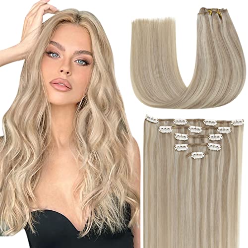LAAVOO Real Human Hair Extensions Blonde Clip in Extensions 18 inch Dark Ash Blonde Highlights Medium Blonde Clip in Hair Extensions Ash Blonde Human Hair Straight 5pcs/70g