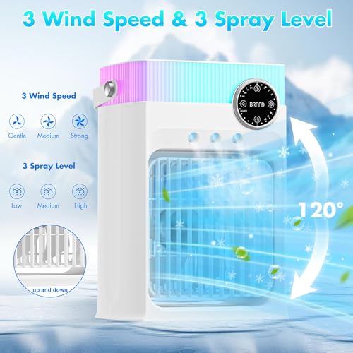 Image of Portable Air Conditioners, Mini AC Unit Cooling Fan for Bedroom,1200ML Small Air Cooler Fans with Remote, 3 Mist,3 Speed,8 Light,2-8H Timer Personal AC Portable for Office Camping Car Desk (White)